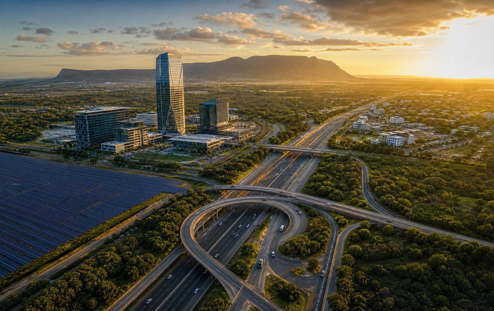 African infrastructure and institutional landscape at golden hour